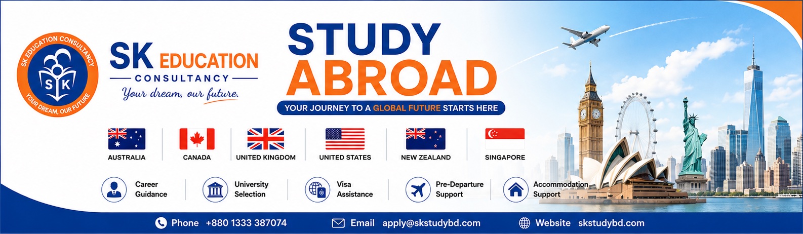 SK Education Consultancy — study abroad in Australia, Canada, the United Kingdom, the United States, New Zealand and Singapore. Phone +880 1333 387074.
